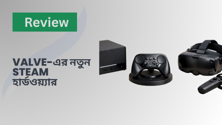 Valve Steam Machine mini PC, Steam Controller, and Steam Frame VR headset displayed together on a table